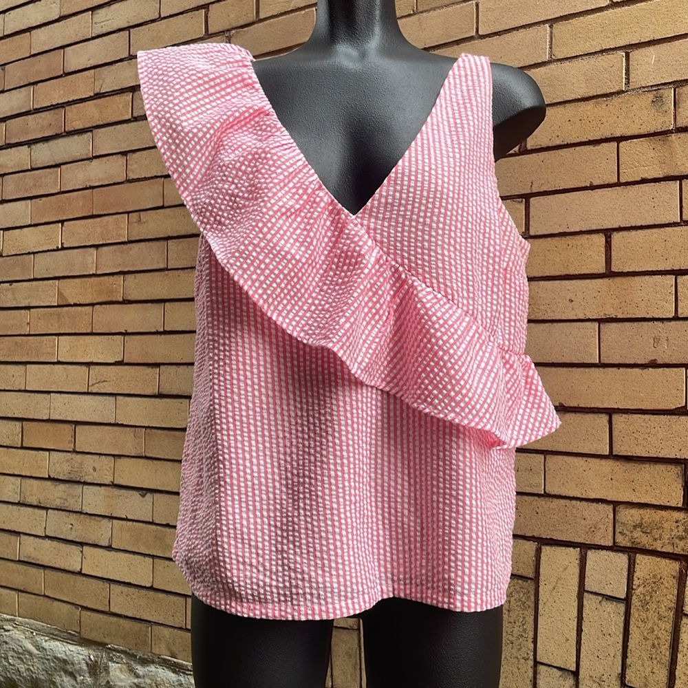 Vineyard Vines Pink Seersucker Ruffle One Shoulder Top Size 10